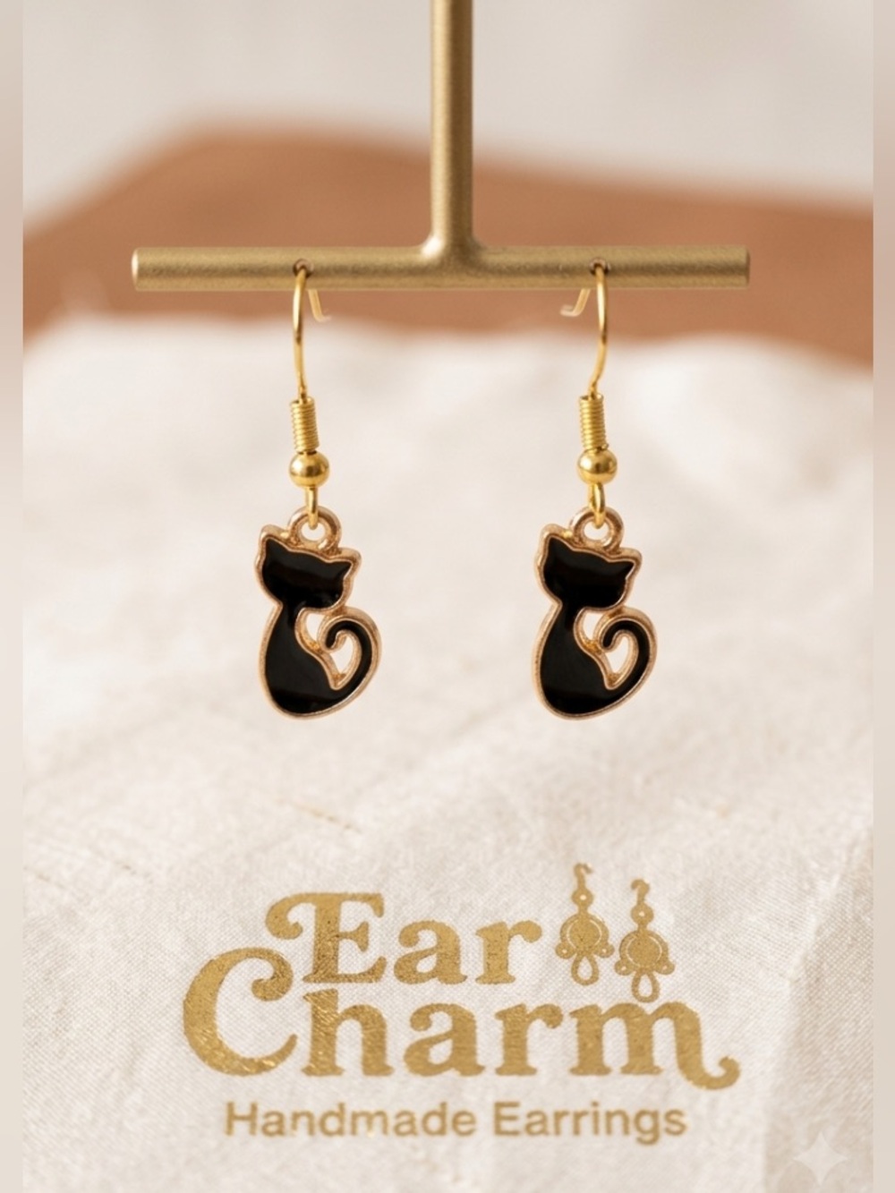 New - Small Black Cat Gold Enamel Dangle Earrings